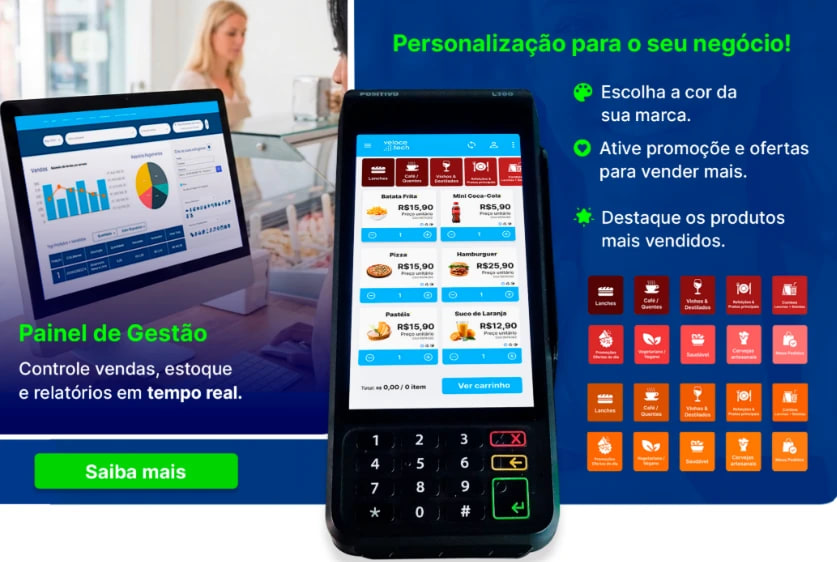 Painel de Gestão da Veloce e a maquininha Veloce Smart com o catálogo na tela